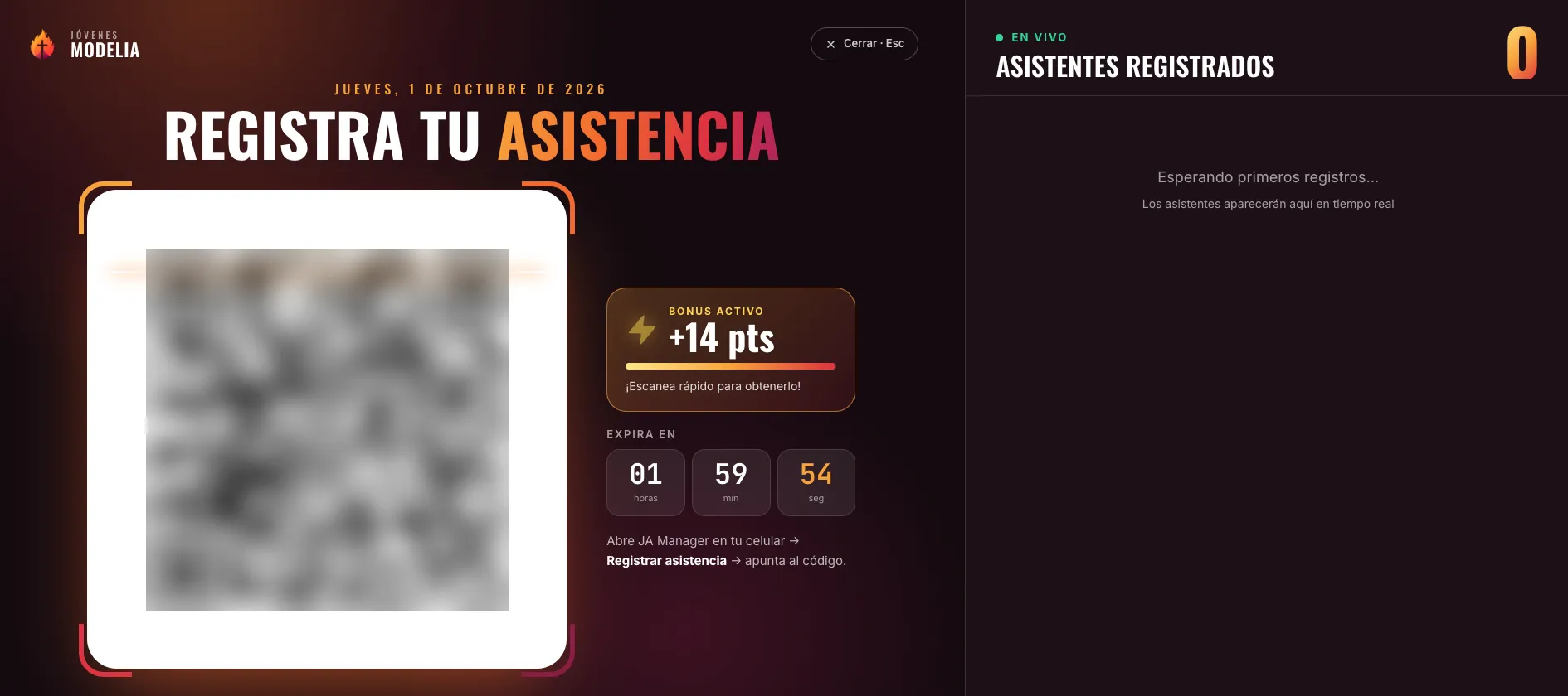 Pantalla de check-in de JA Manager con el código QR difuminado, puntos de bonus activo y cuenta regresiva de expiración